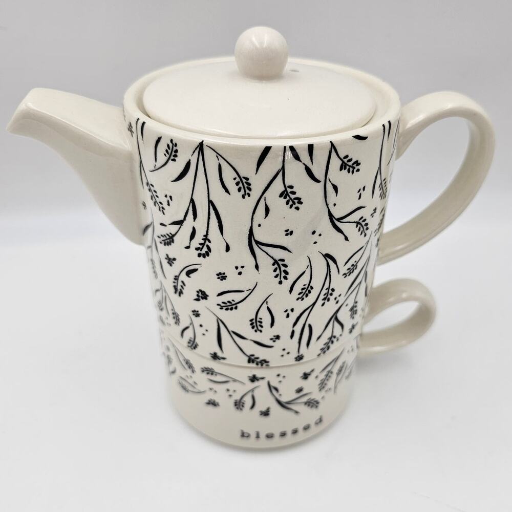 Clay Art 3 Piece Stacking Teapot & Matching Cup Mug Blessed NEW NIB Gift